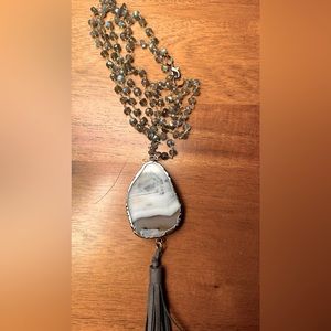 Agate and labradorite handmade chunky necklace with suede tassel. 25” long